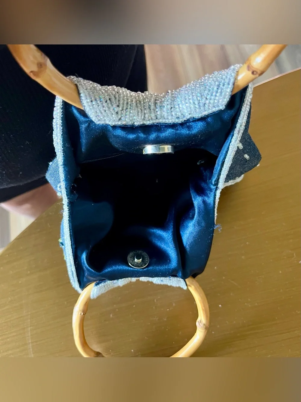 Embroidered Floral Denim Tote with Bamboo Handles, 5 by 7 fabric pouch